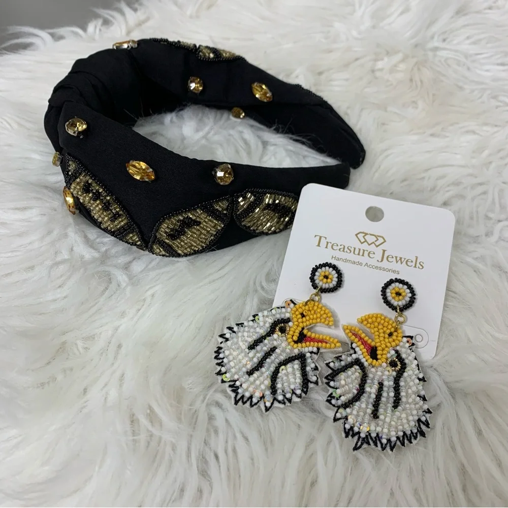 Treasure Jewels Elegant Black Headband with Gold Football Accents